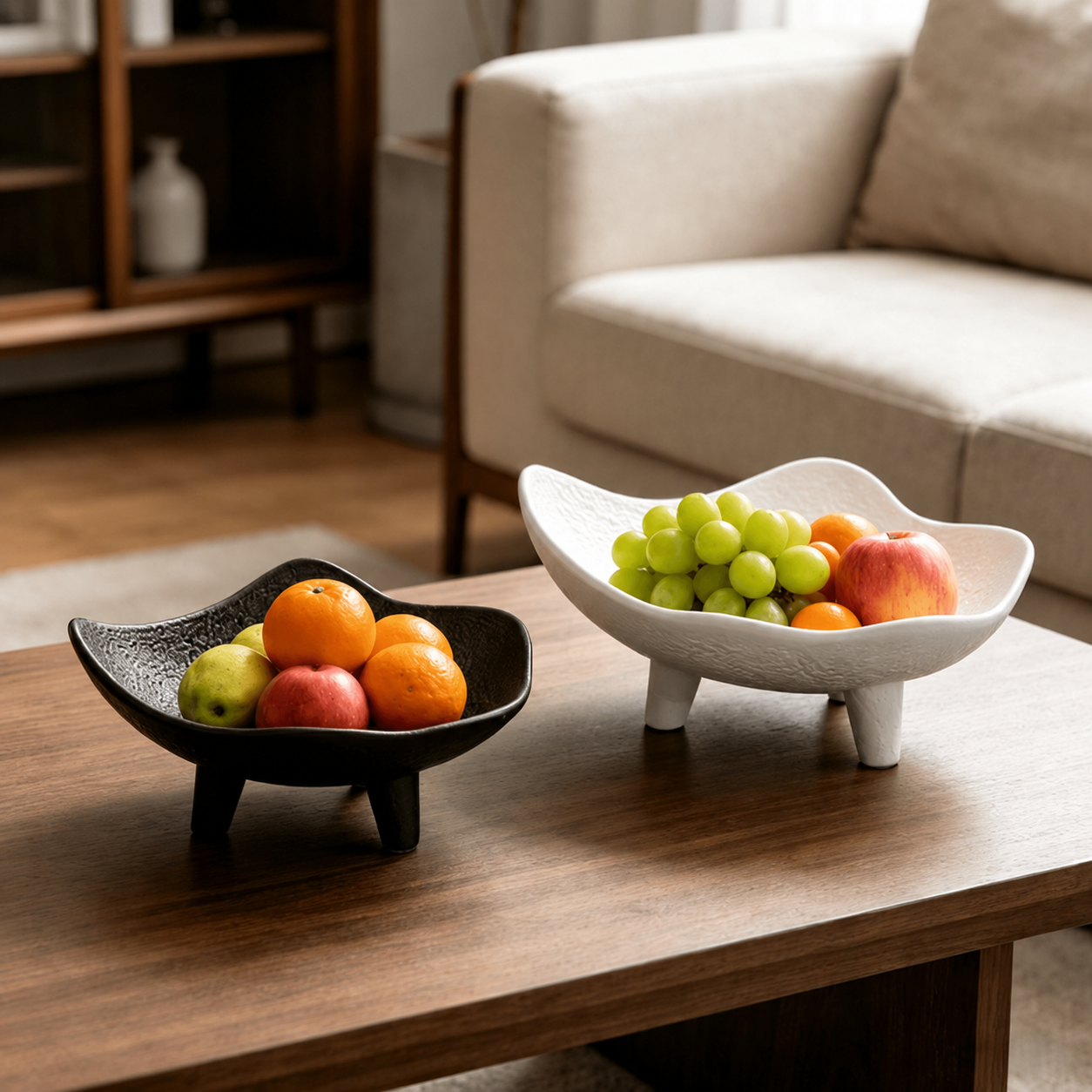 Modern resin fruit bowls displayed on a wooden coffee table in a living room