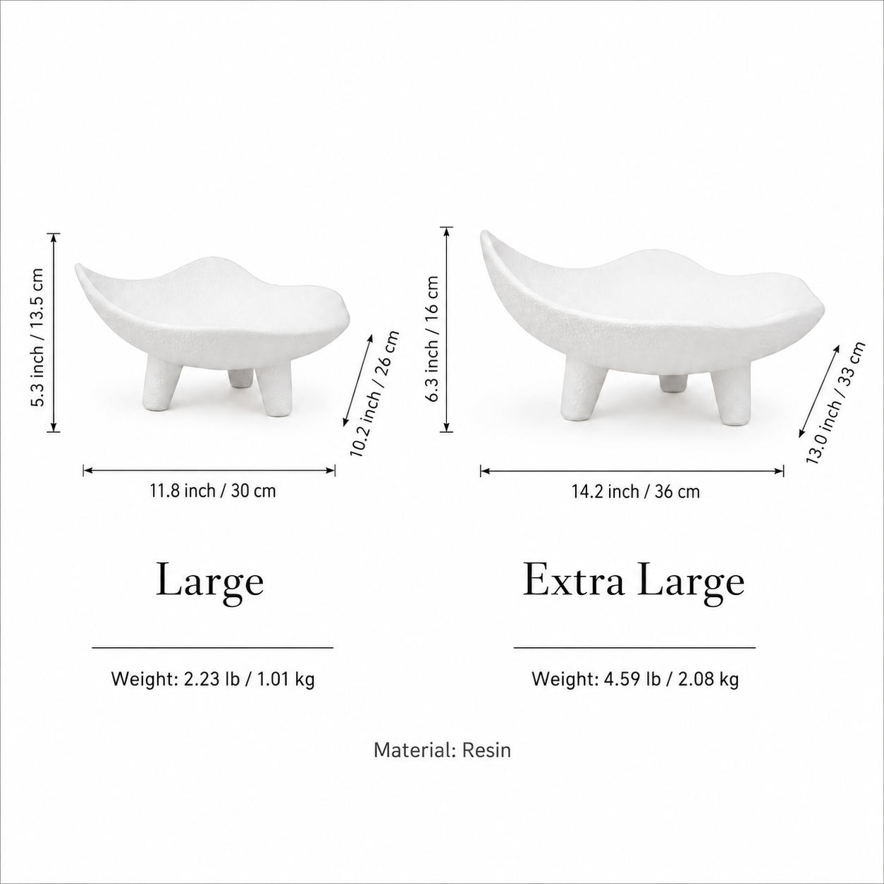 Size guide for large and extra large modern resin fruit bowl centerpieces