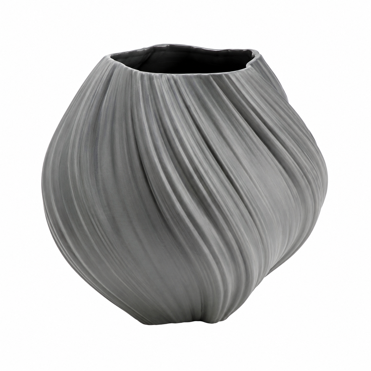 Slate gray ribbed swirl ceramic vase on white background