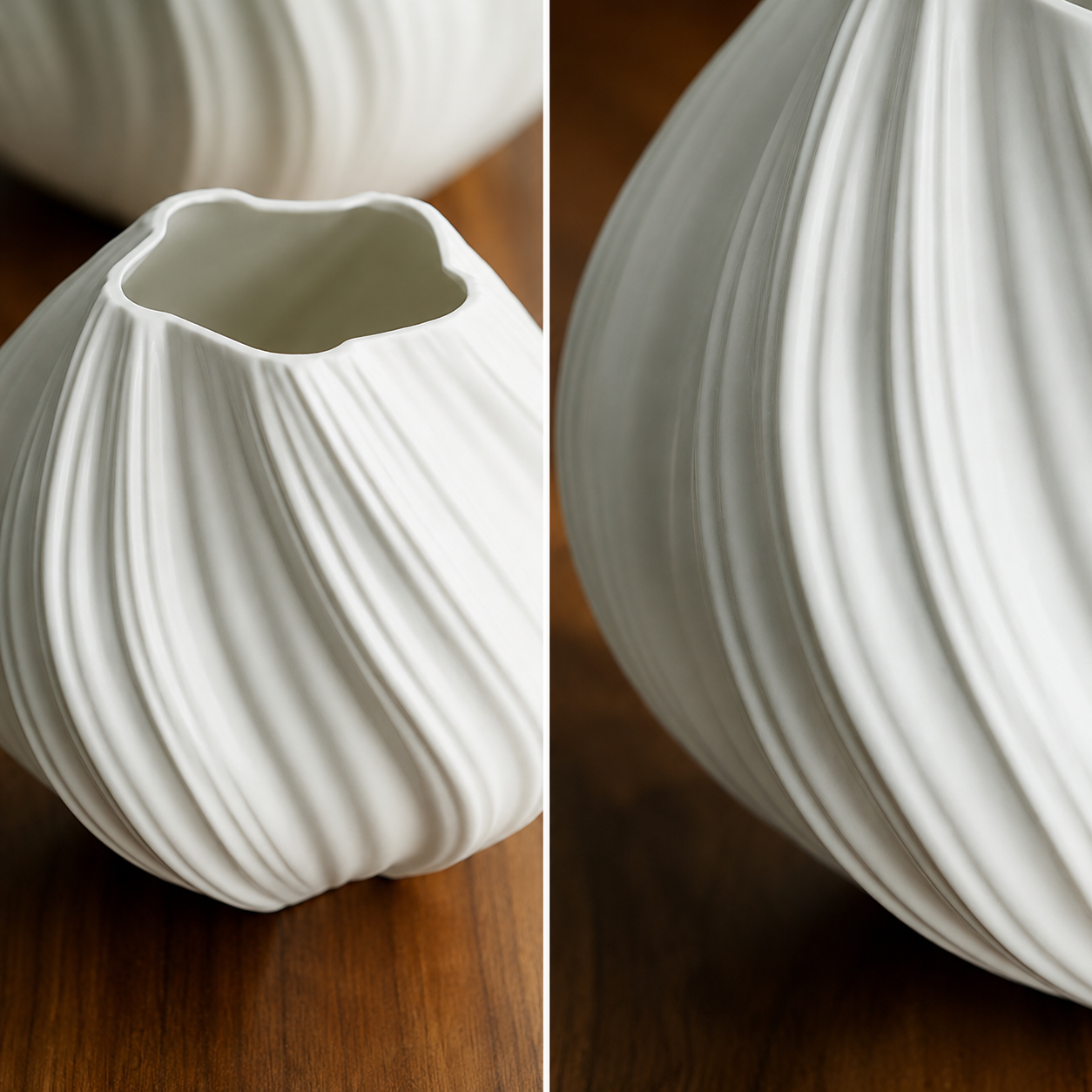Close-up detail collage of ivory white ribbed swirl ceramic vase showing irregular rim and raised swirl texture