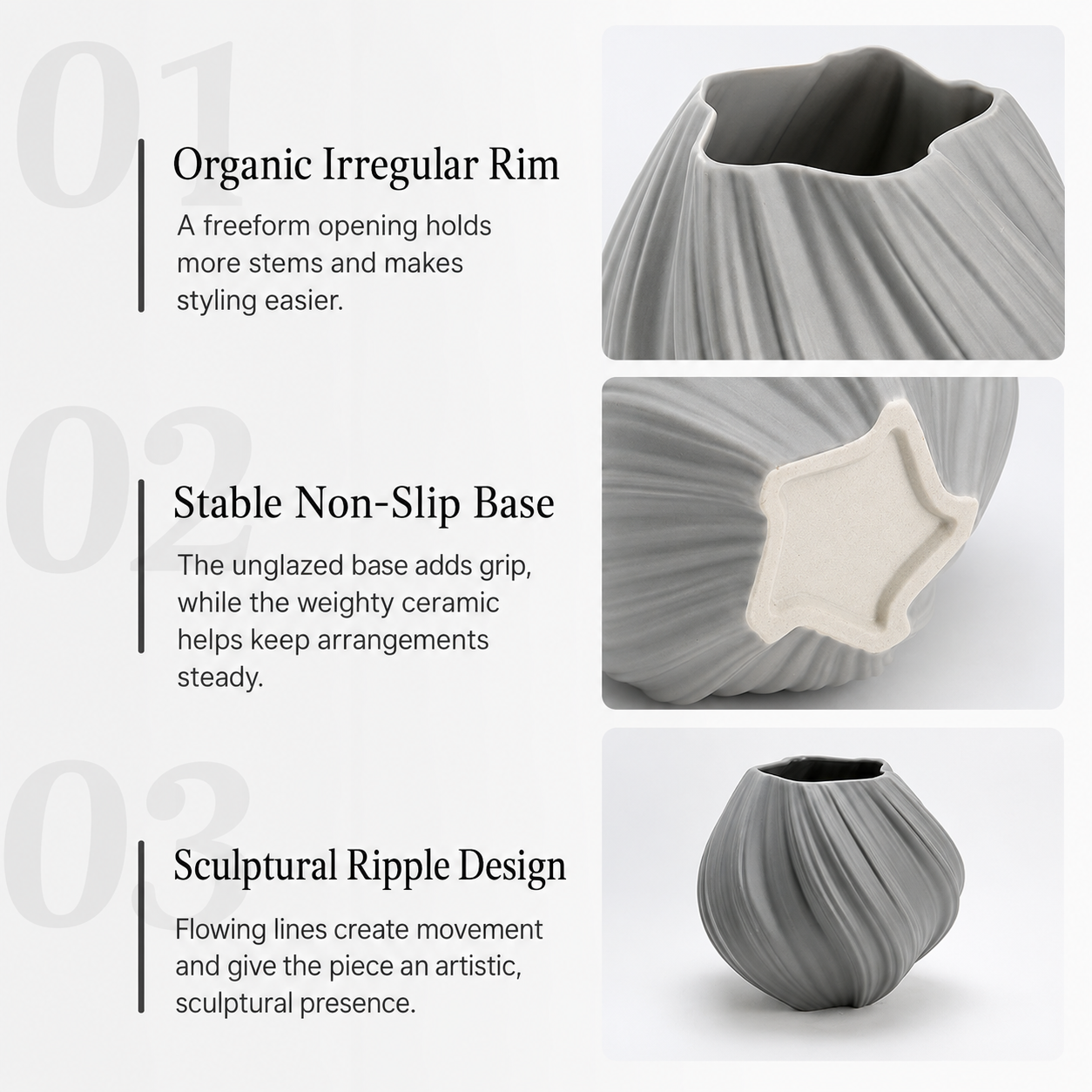Modern ribbed swirl ceramic vase feature guide showing organic irregular rim, stable base, and sculptural ribbed design