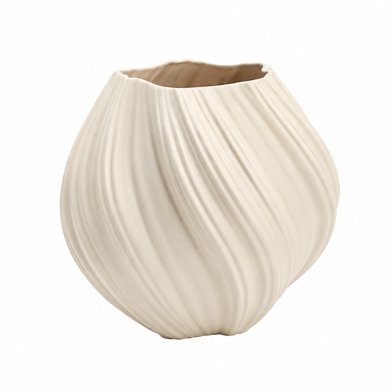 Warm beige ribbed swirl ceramic vase on white background