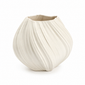 Ivory white ribbed swirl ceramic vase on white background