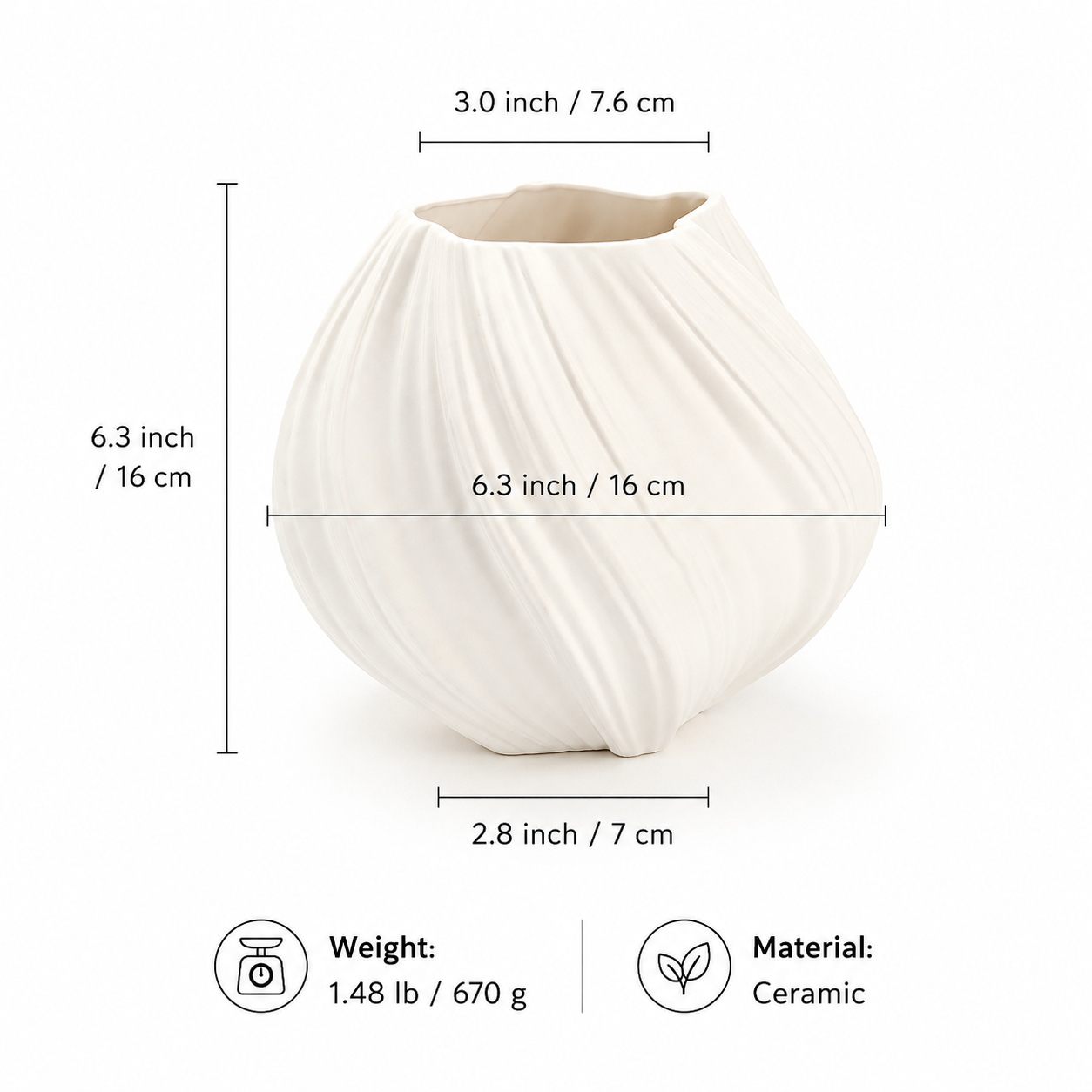 Modern ribbed swirl ceramic vase size guide showing dimensions, weight, and ceramic material