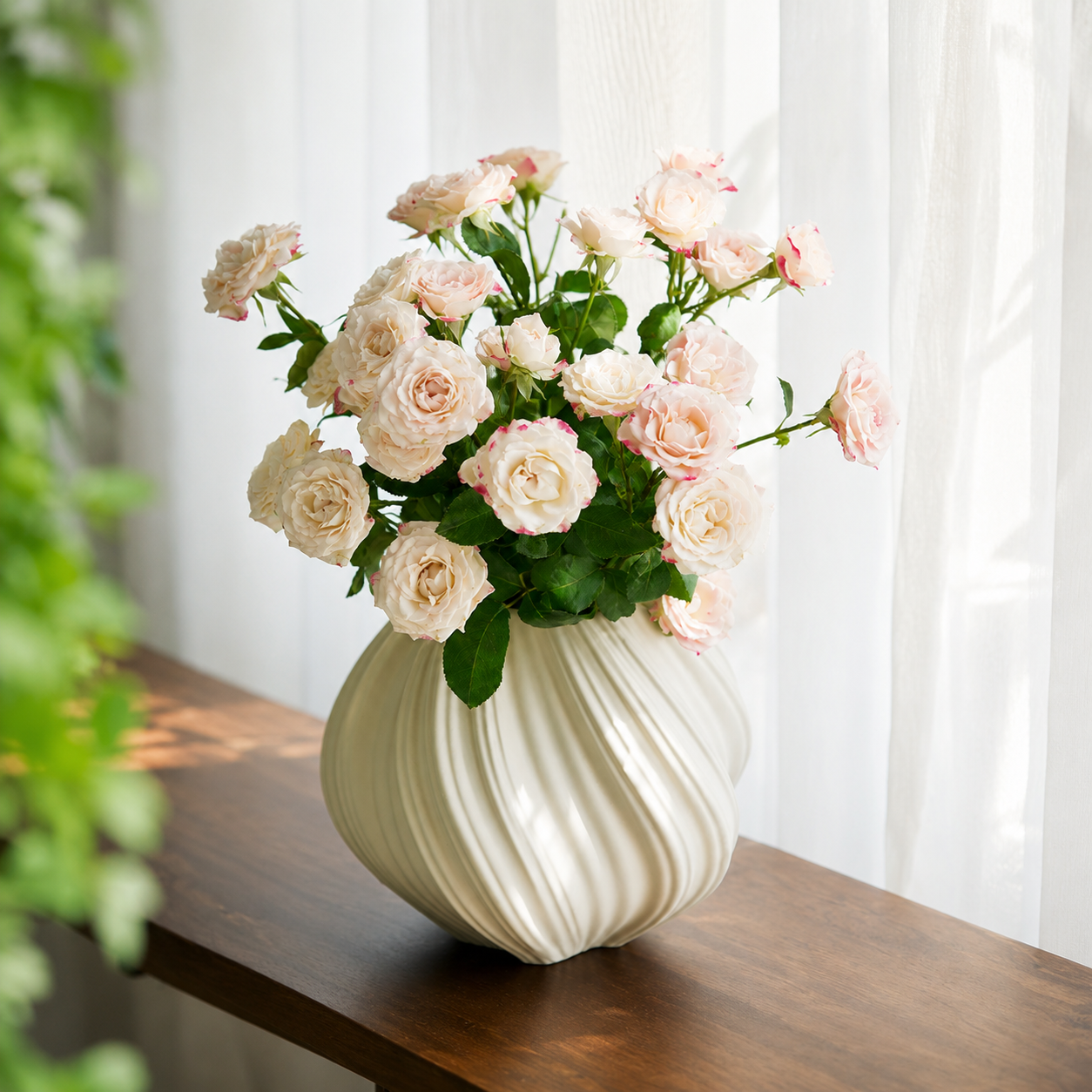 Ivory white ribbed swirl ceramic vase with pale roses on black side table near sheer curtains