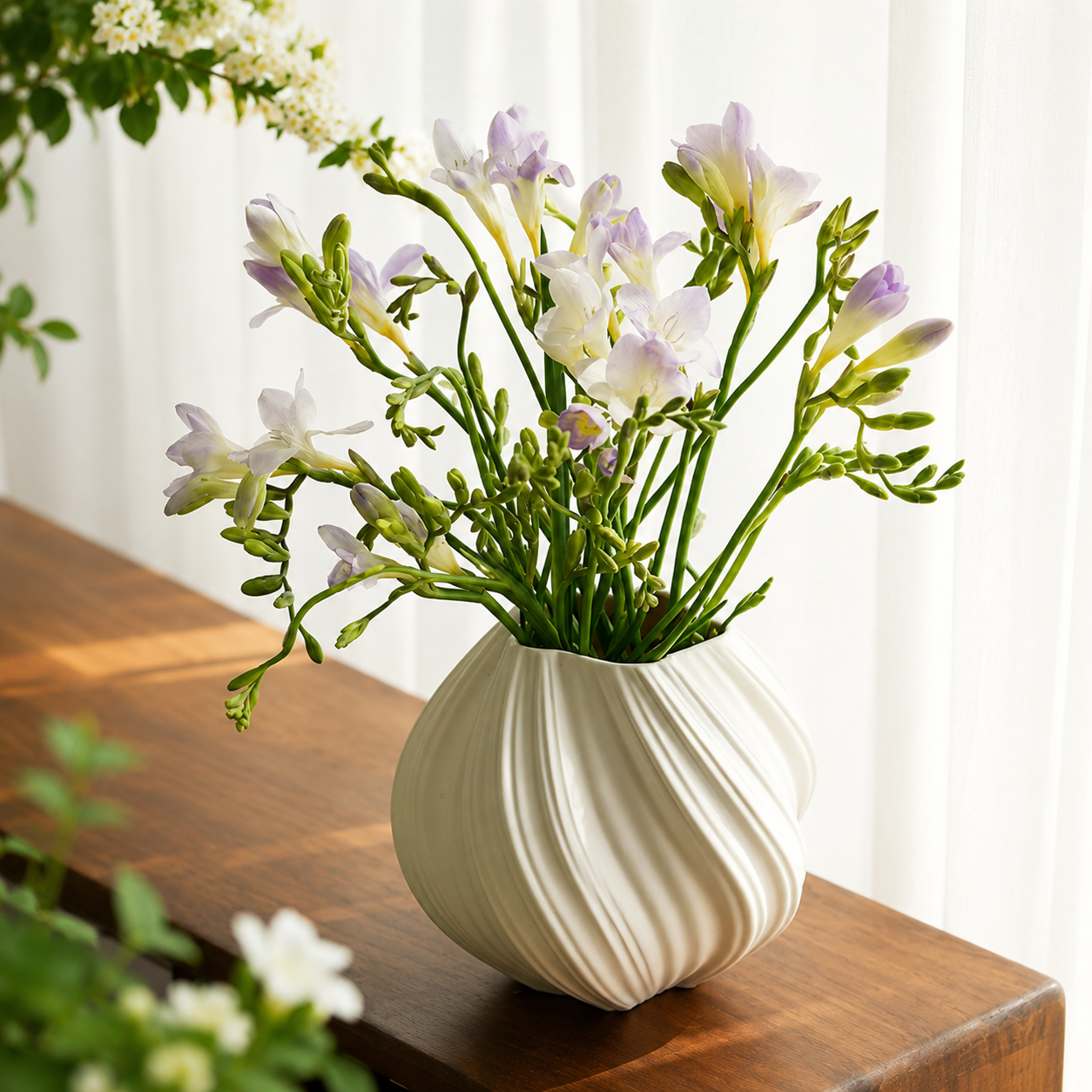 Warm beige ribbed swirl ceramic vase with white and lavender flowers on wooden console table