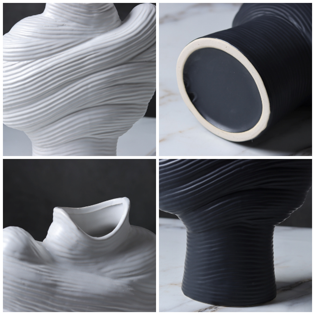 Close up details of the textured ceramic vase surface opening and base