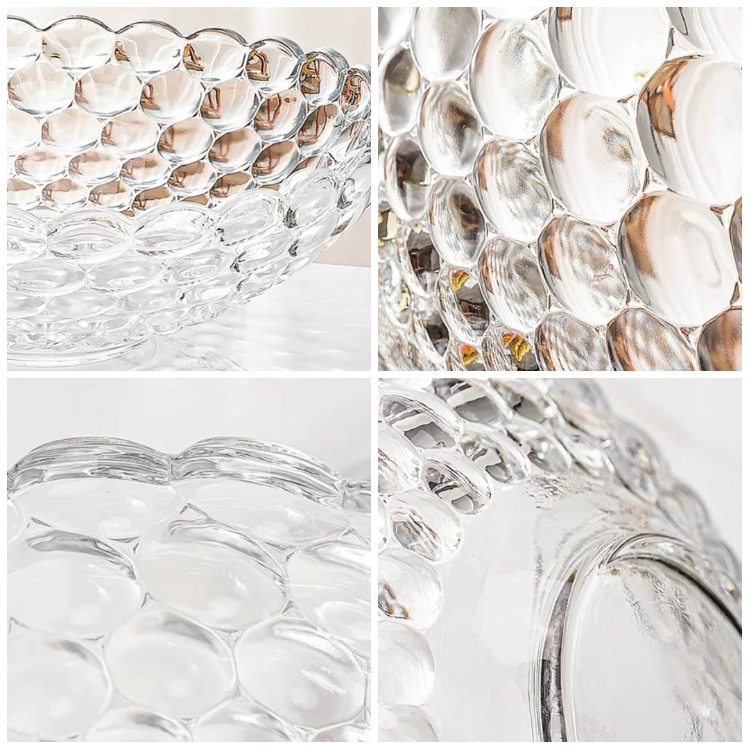 Close up collage showing raised bubble texture and smooth glass details