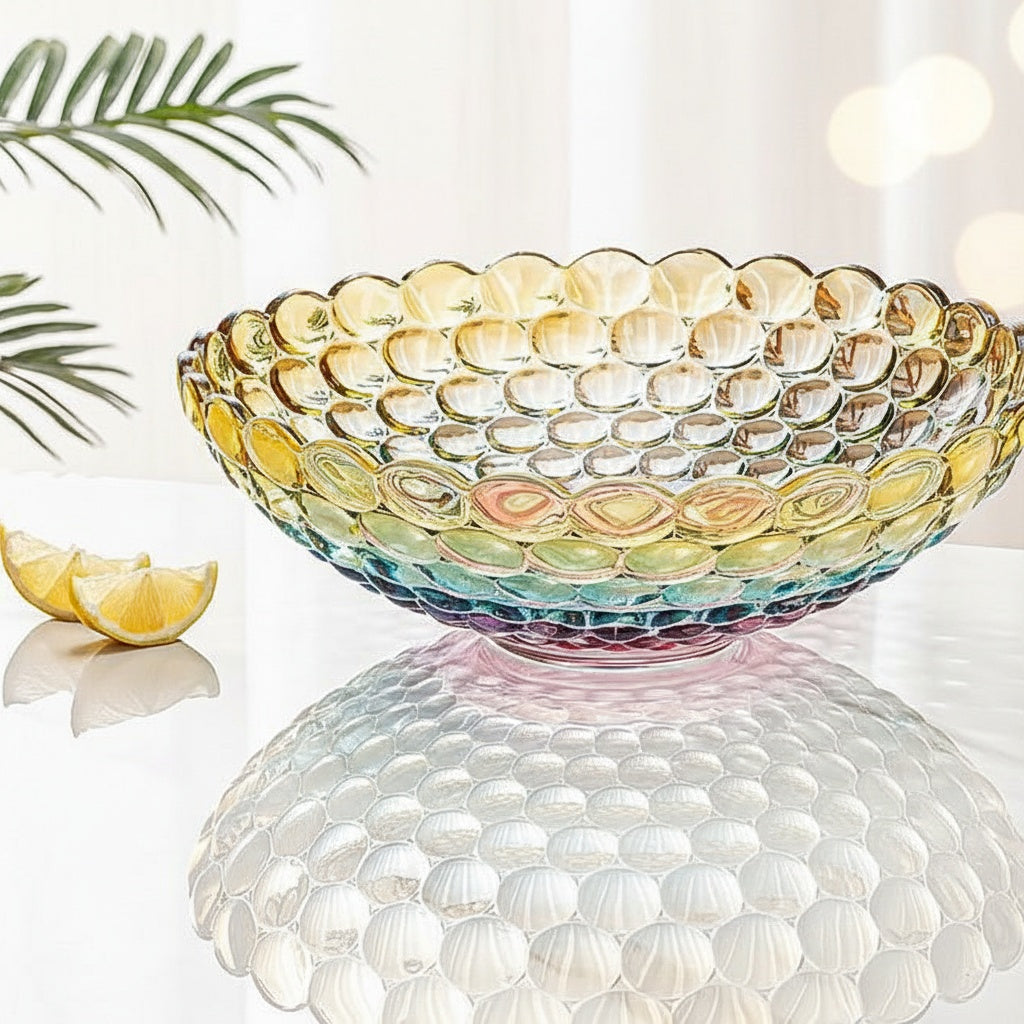 Iridescent bubble glass centerpiece bowl styled on a bright white table