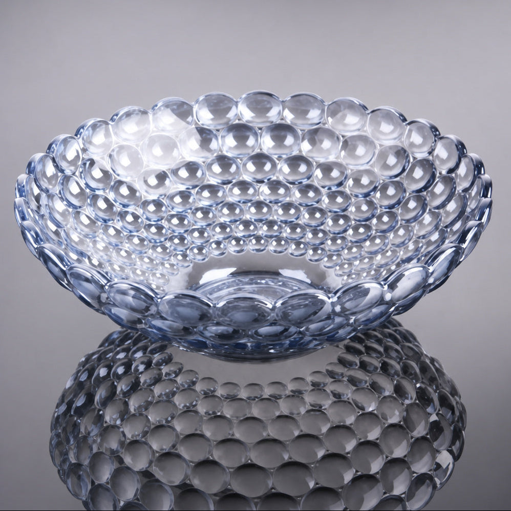 Blue gray textured bubble glass centerpiece bowl displayed against a dark background
