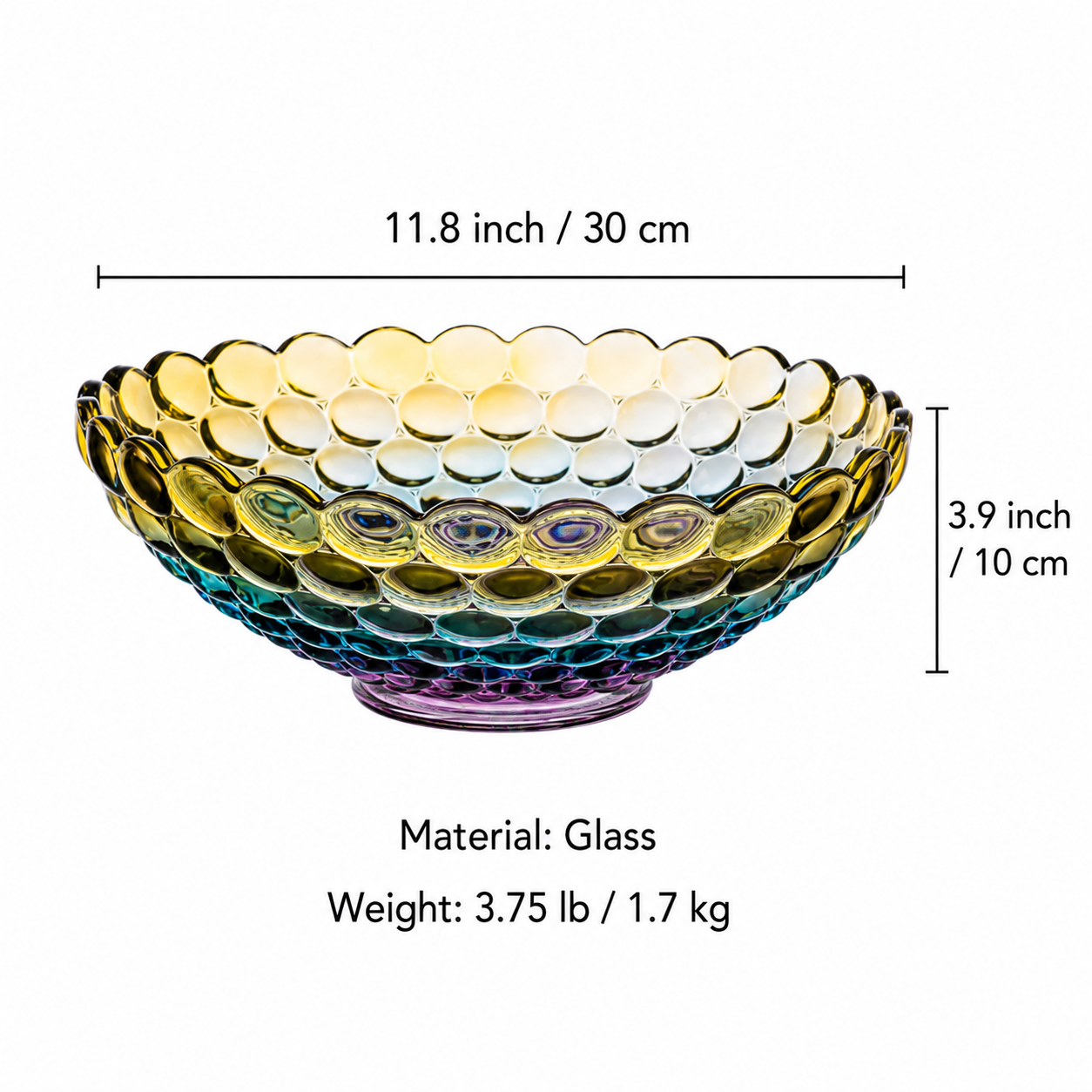 Measurement guide for textured bubble glass centerpiece bowl showing size material and weight