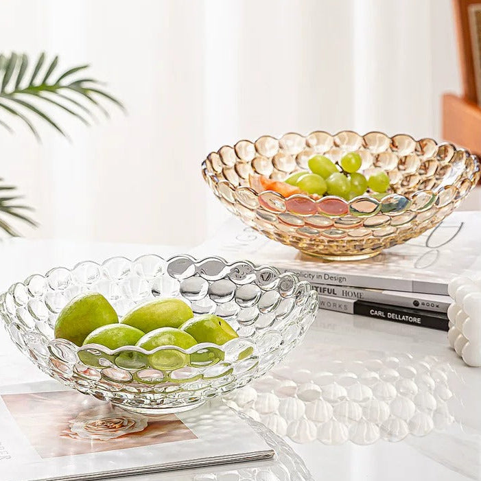 Iridescent and clear bubble glass centerpiece bowls styled with colorful fruit
