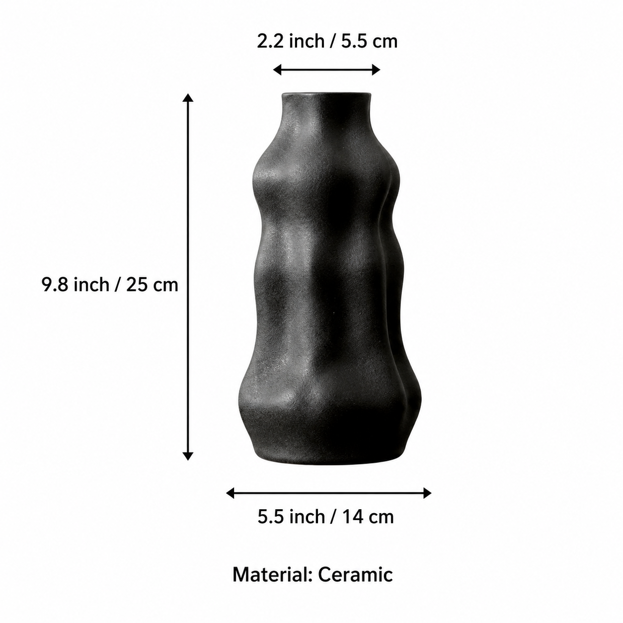 Measurement guide for the modern black wavy ceramic flower vase