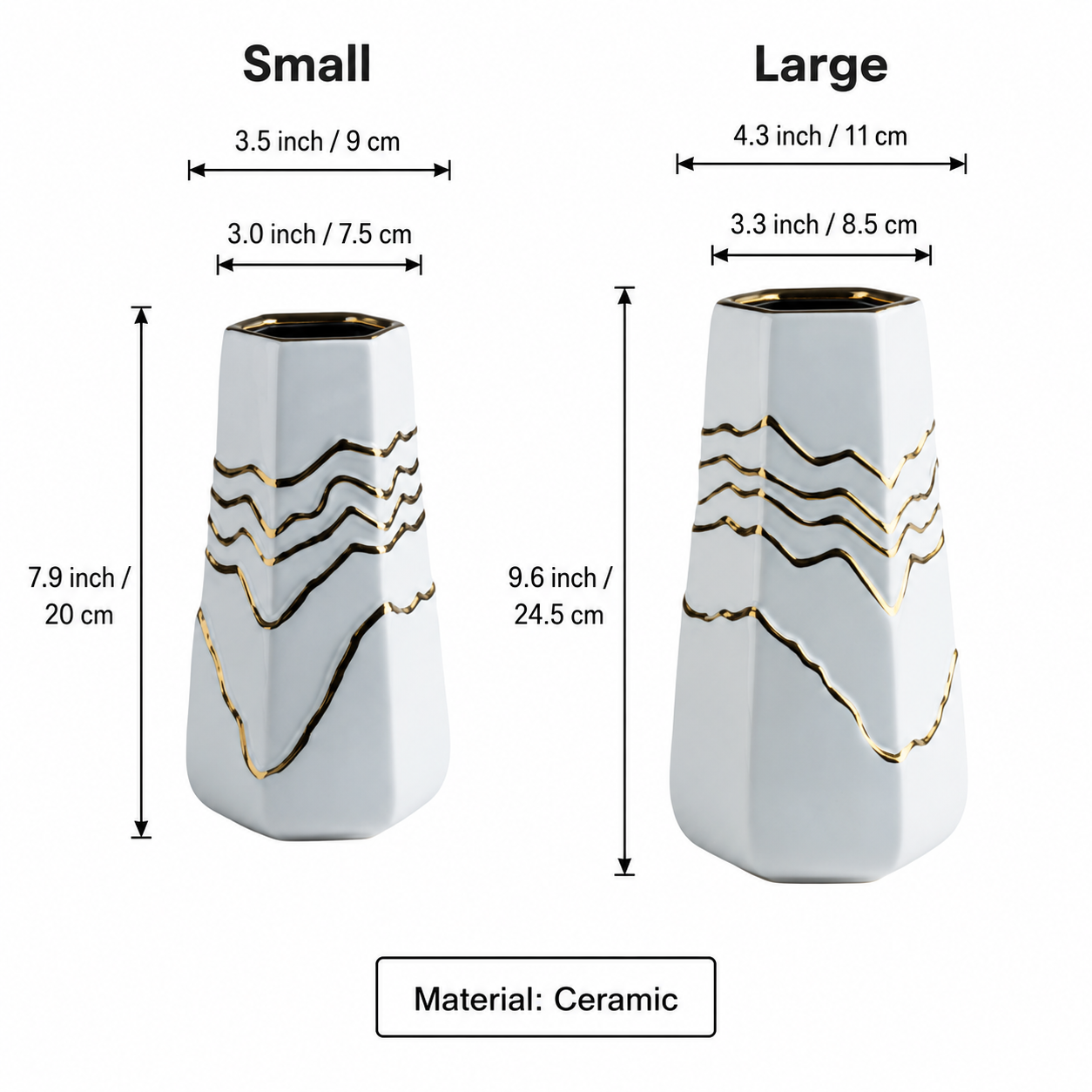 Size chart for medium and large white ceramic vases with gold mountain lines