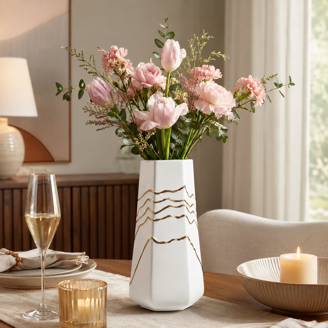 Modern white ceramic vase with gold mountain lines and pink flowers on a dining table