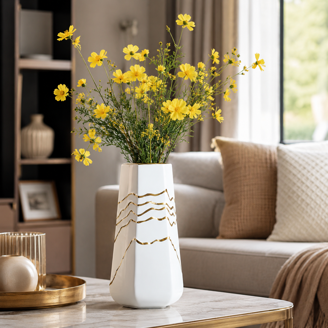 White ceramic vase with gold mountain lines and yellow flowers in a living room