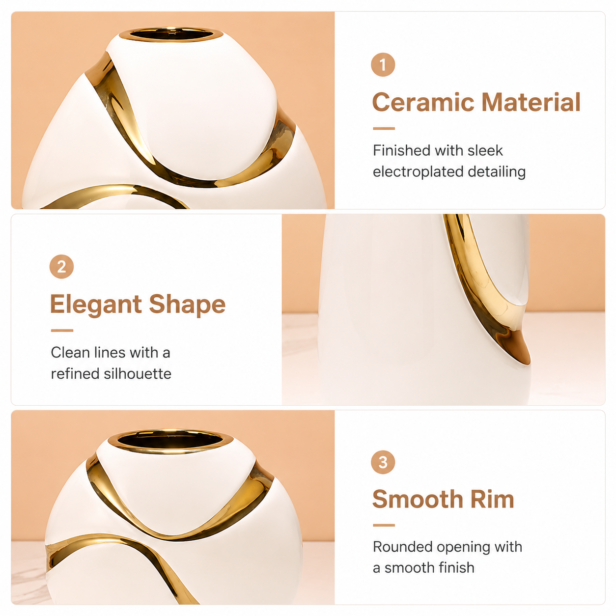 Feature guide showing ceramic material, elegant shape, and smooth rim of white gold-accent vase