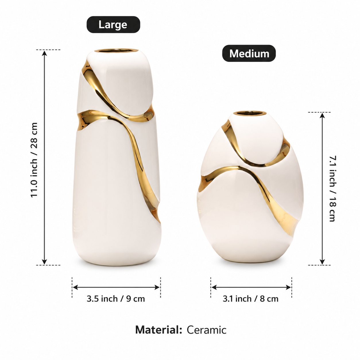 Size chart for large and medium modern white ceramic vases with gold ribbon accents