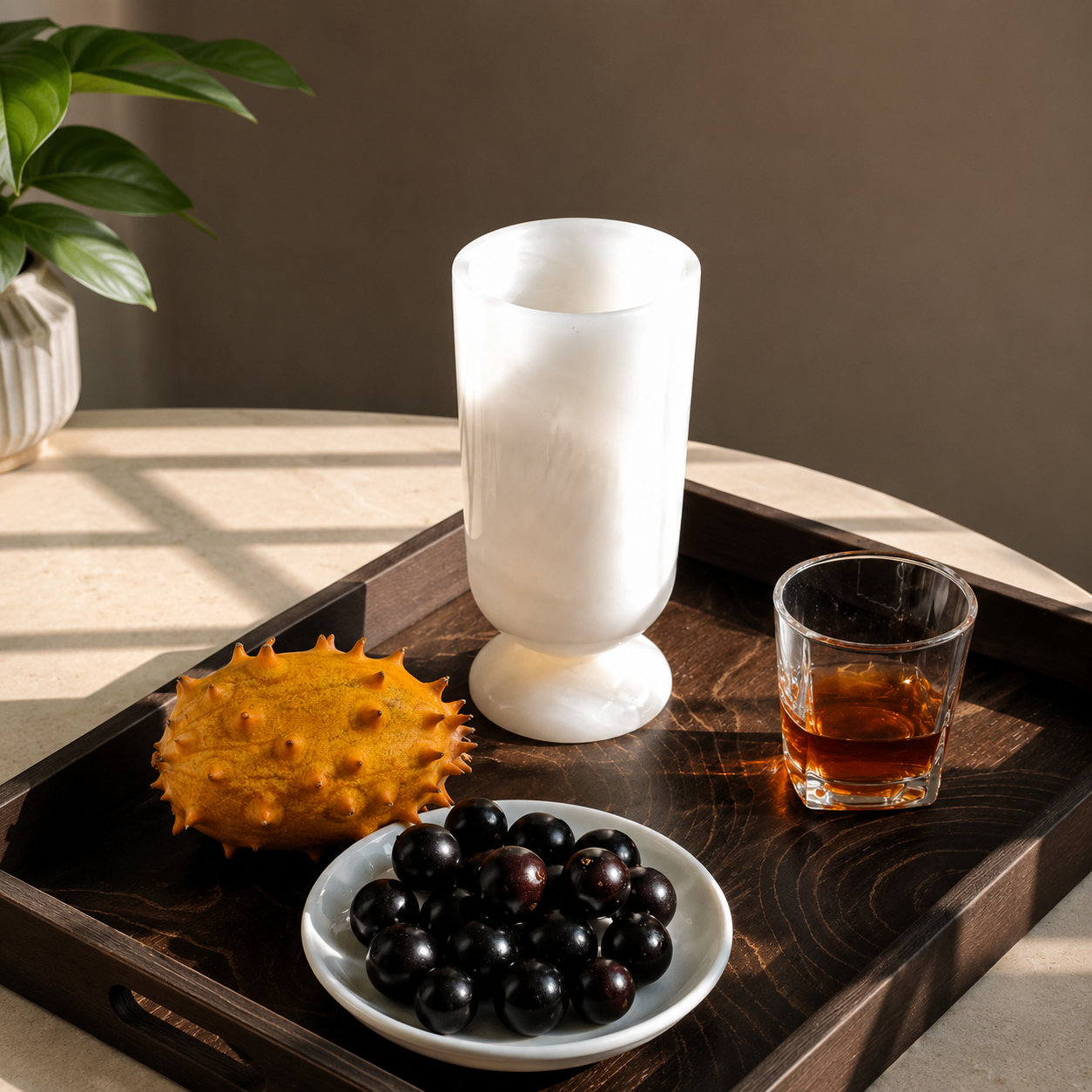White marble pedestal vase styled on wooden tray with fruit and drink in warm natural light