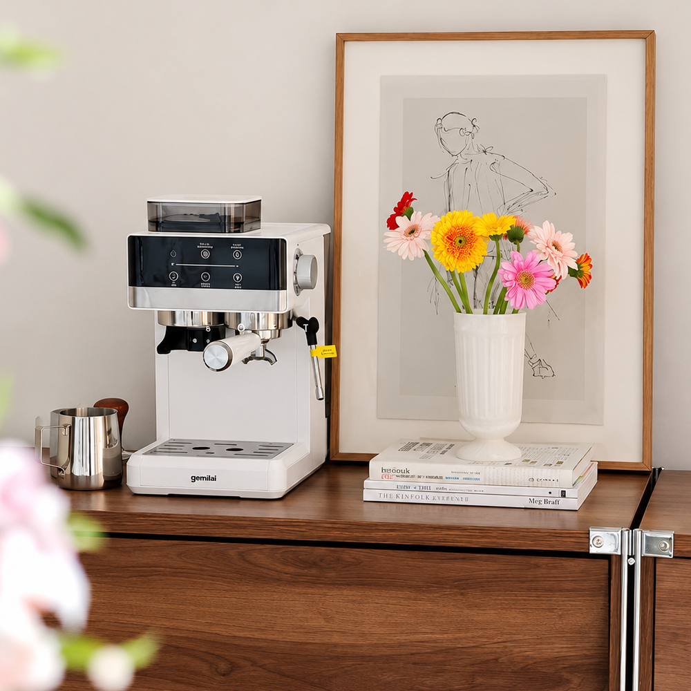 White marble flower vase with colorful blooms on books beside coffee machine and framed artwork