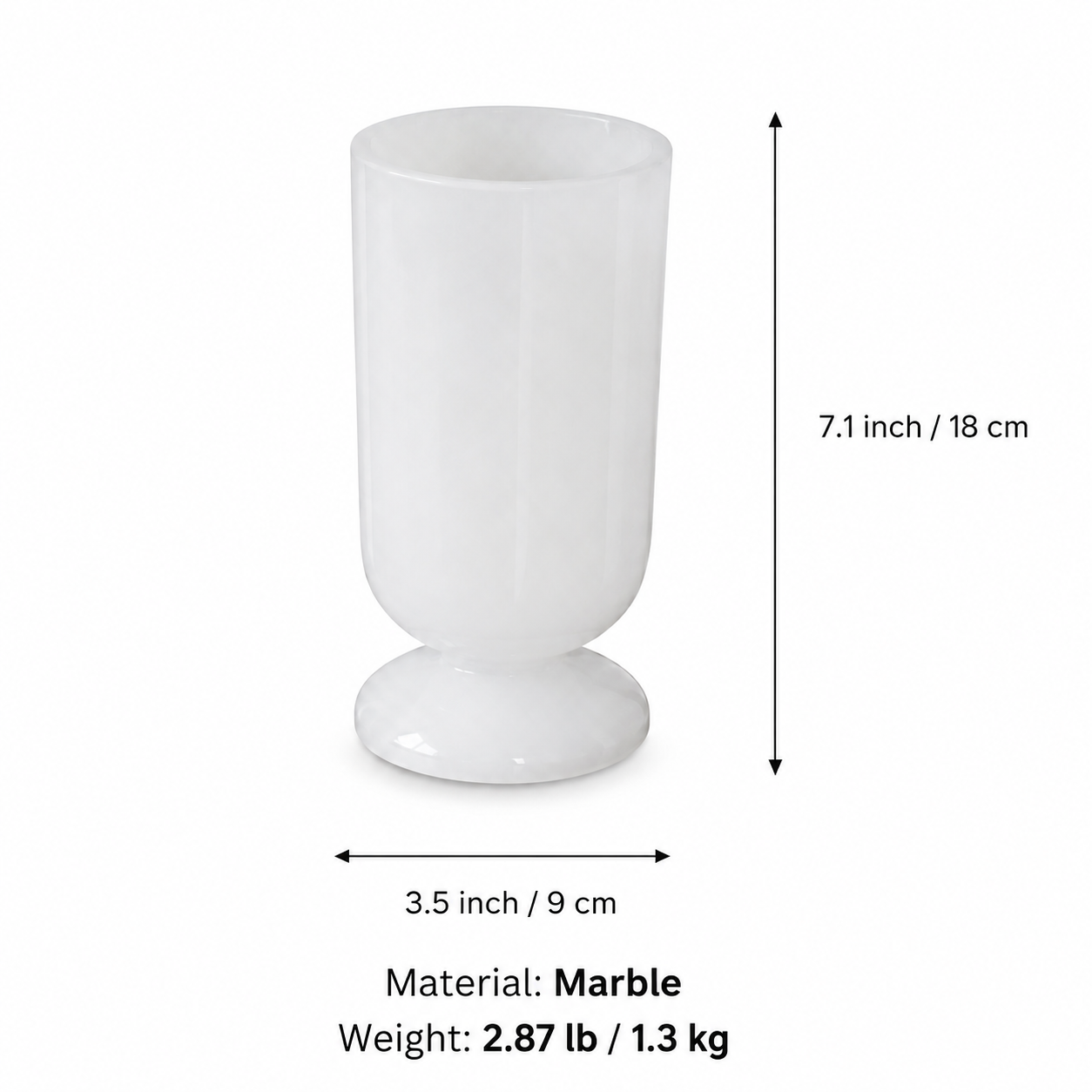 Natural marble pedestal vase dimensions showing 7.1 inch height 3.5 inch diameter marble material and 2.87 lb weight