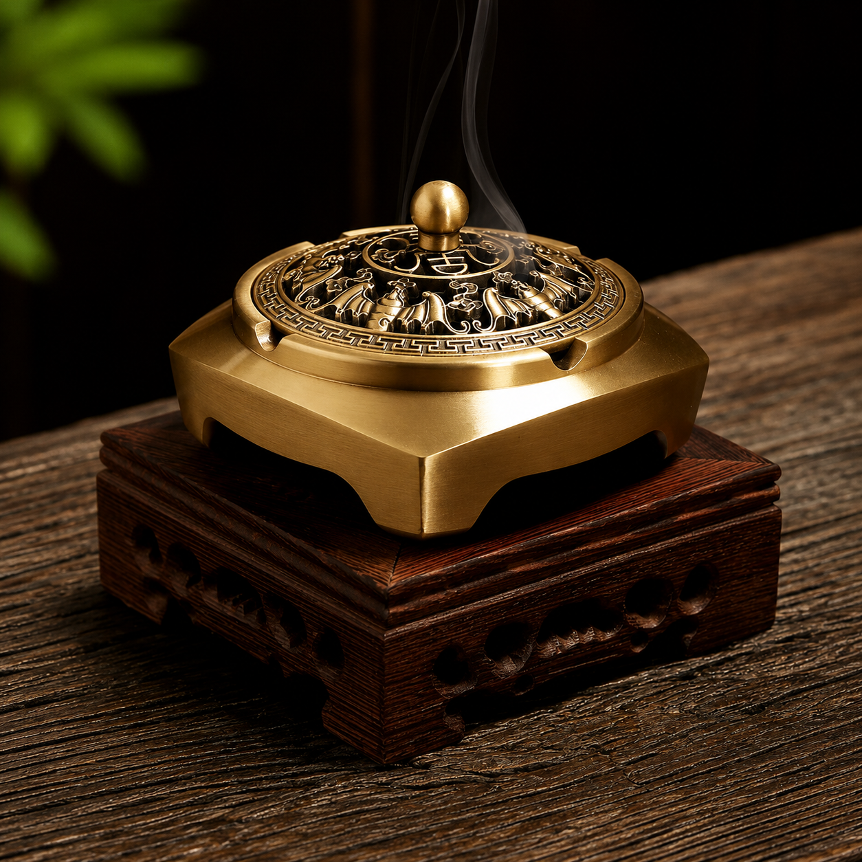 Decorative brass incense burner on a wooden stand with smoke rising against a dark background.