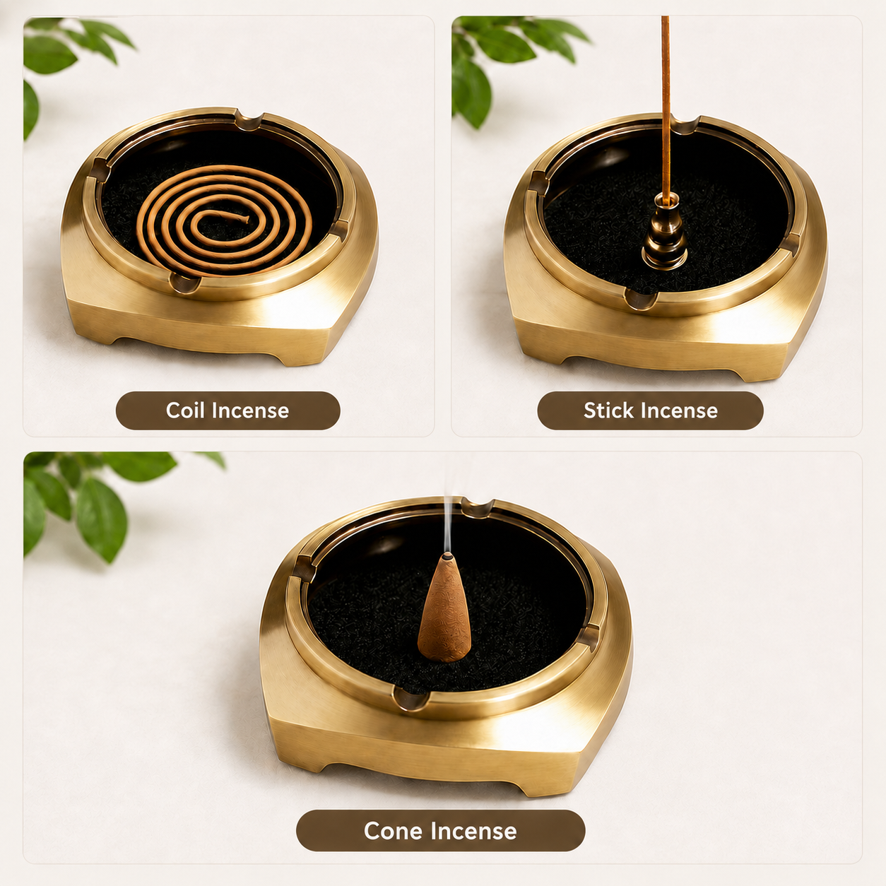 Brass incense burner showing coil, stick, and cone incense compatibility