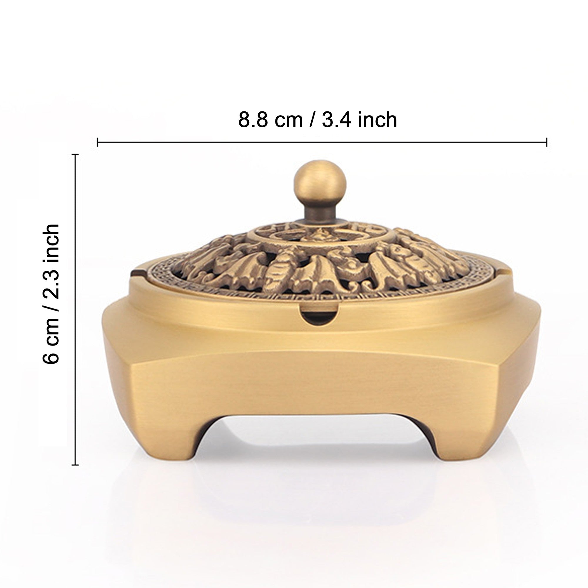 Brass incense burner size guide with lid and gold-tone body