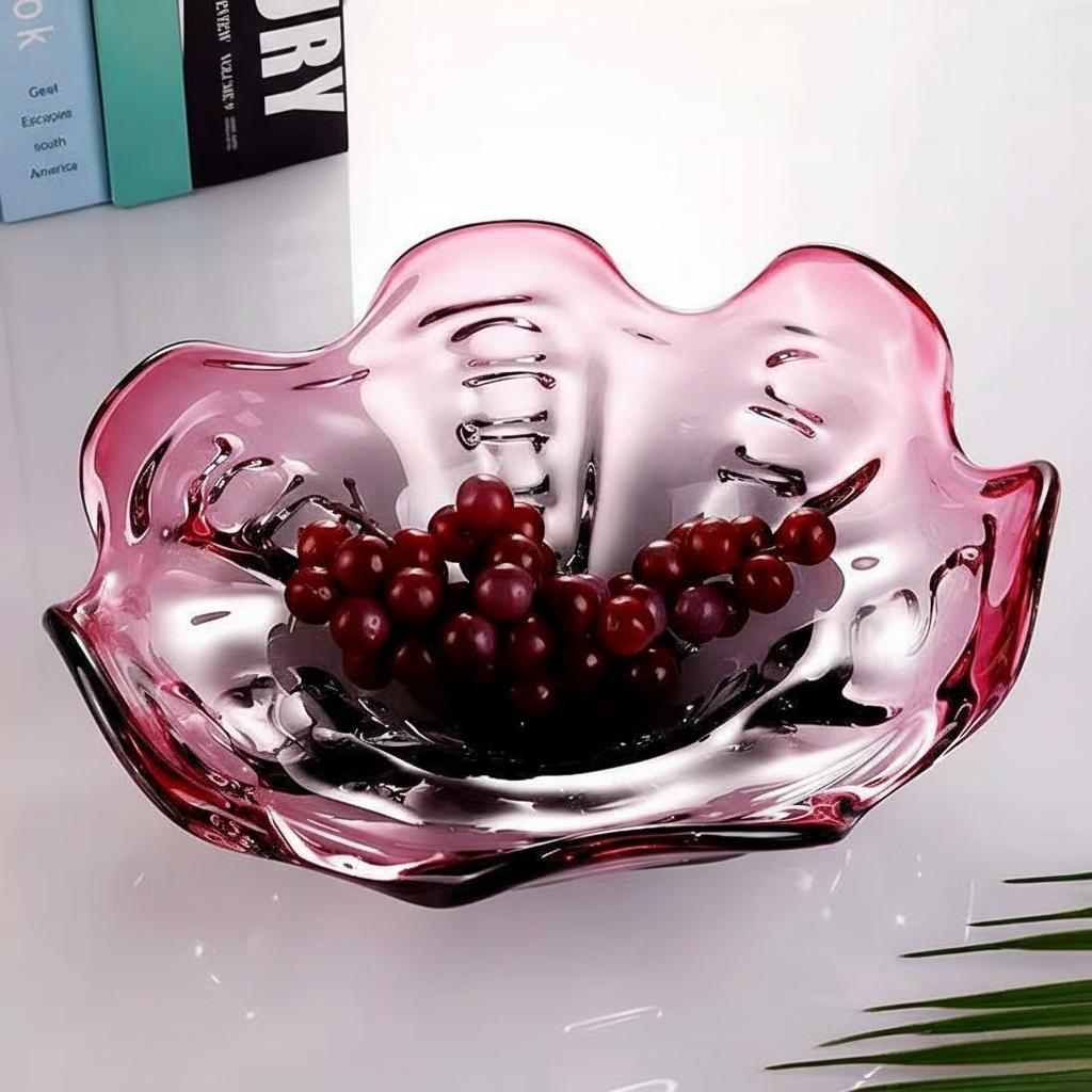Plum gradient ruffled glass centerpiece bowl styled with red grapes