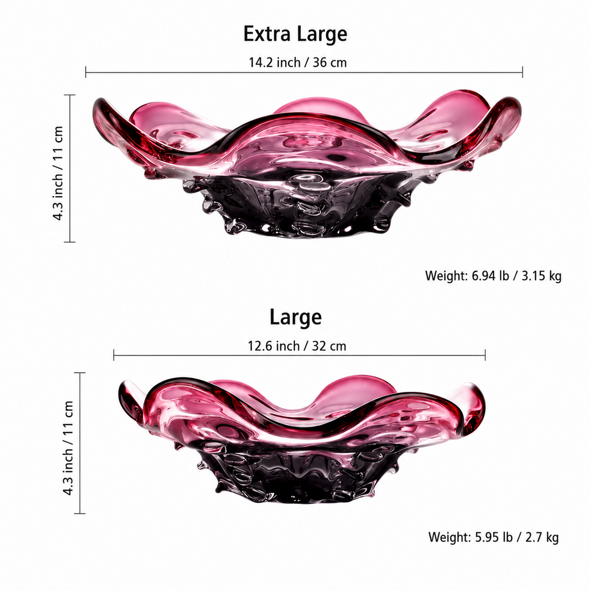 Size guide for large and extra large plum ruffled glass centerpiece bowls