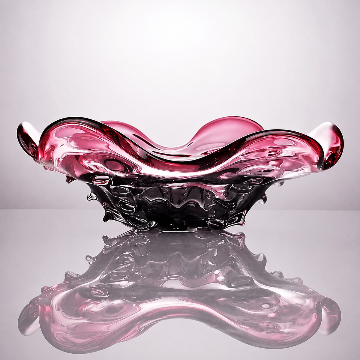 Plum and smoky black ruffled glass centerpiece bowl with reflective surface