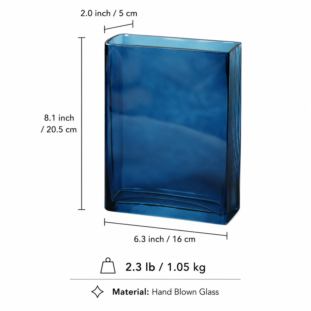 Blue rectangular glass vase dimensions infographic with height width depth and weight details