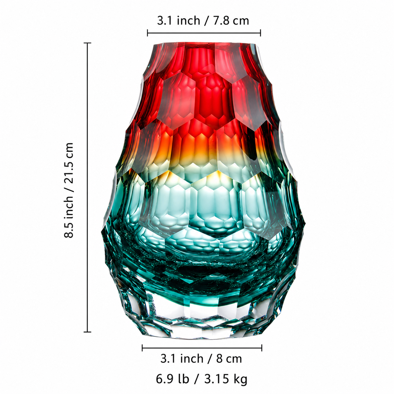 Red and teal gradient faceted glass vase size guide with measurements and weight
