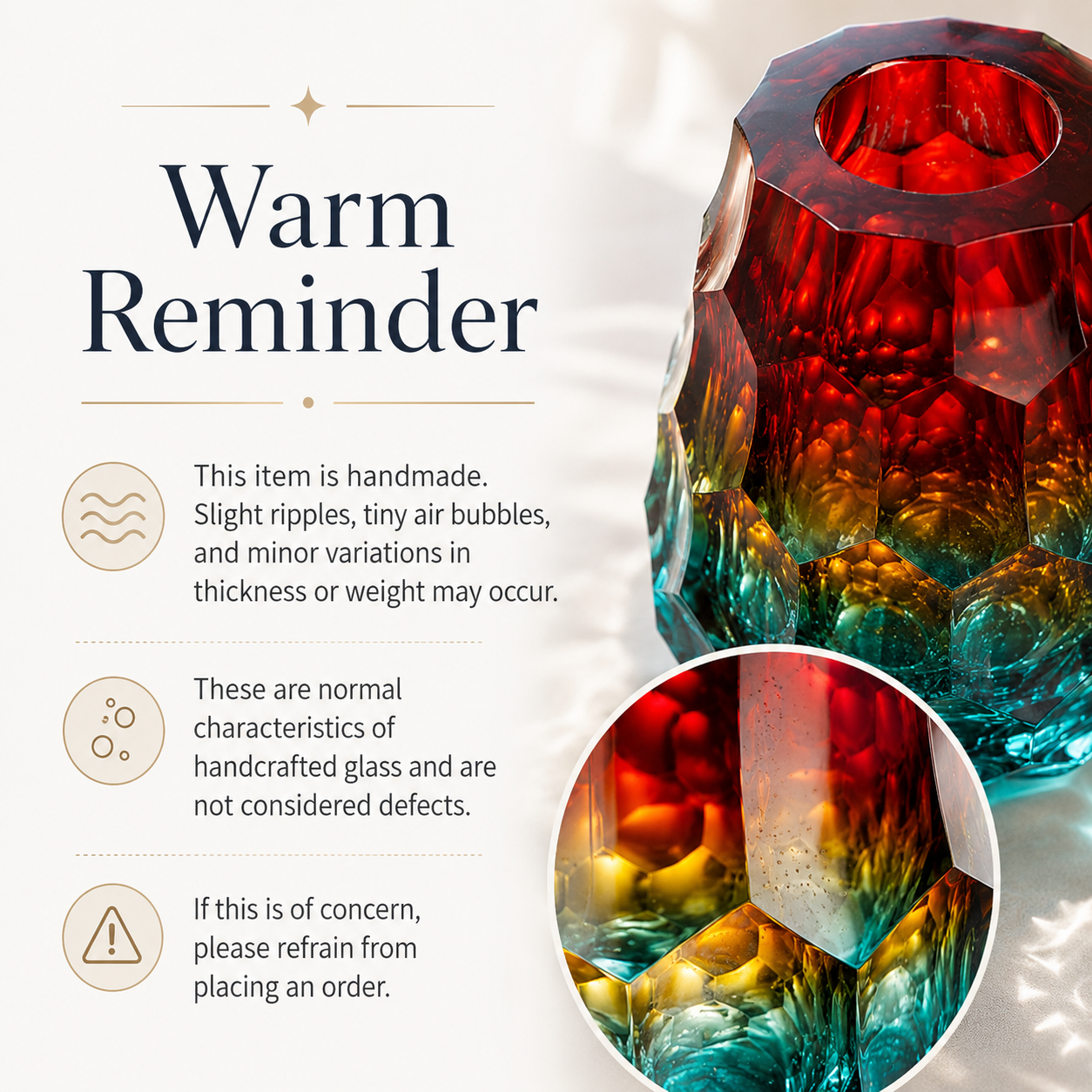 Handmade glass vase reminder showing natural air bubbles ripples and slight variations
