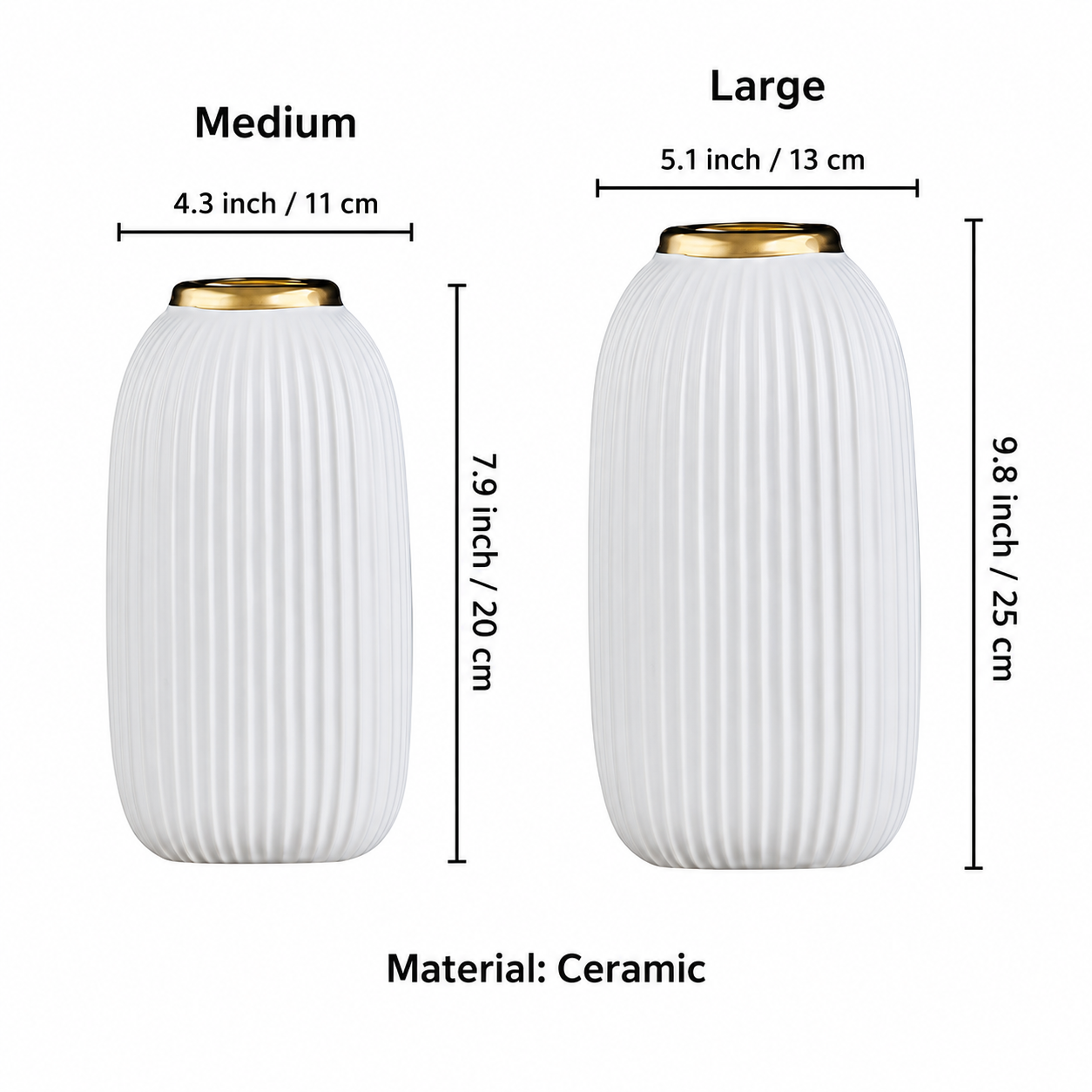 Ribbed white ceramic vase size chart showing medium and large measurements