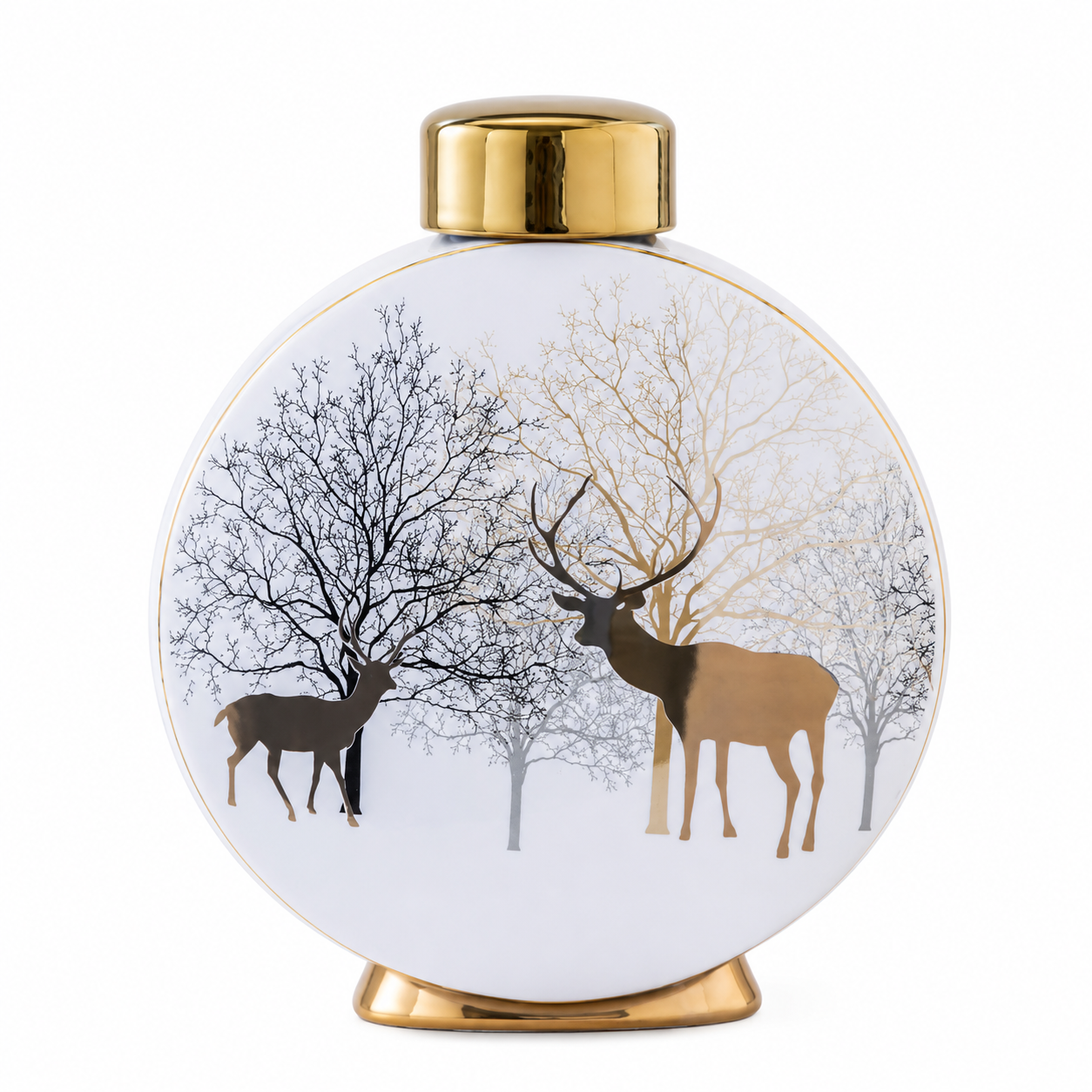 Round ceramic decorative vase with gold accents and Winter Deer forest design