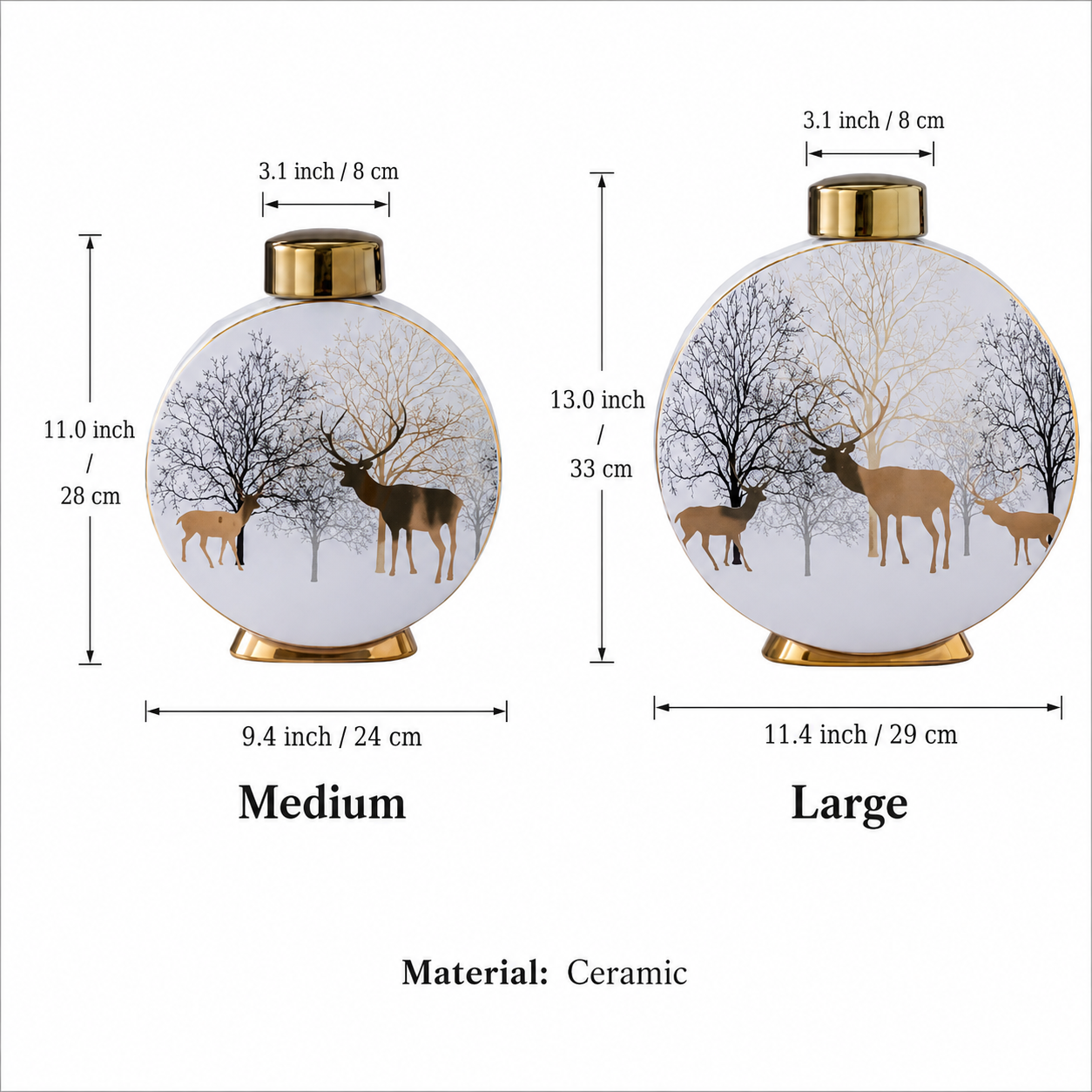 Size chart for medium and large round ceramic decorative vases with gold accents
