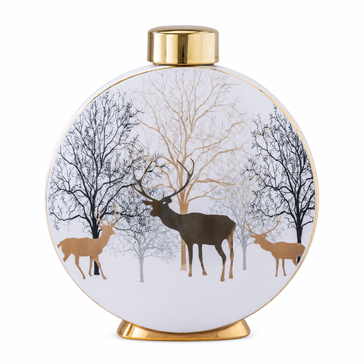Large round ceramic vase with gold cap and deer tree artwork on white background