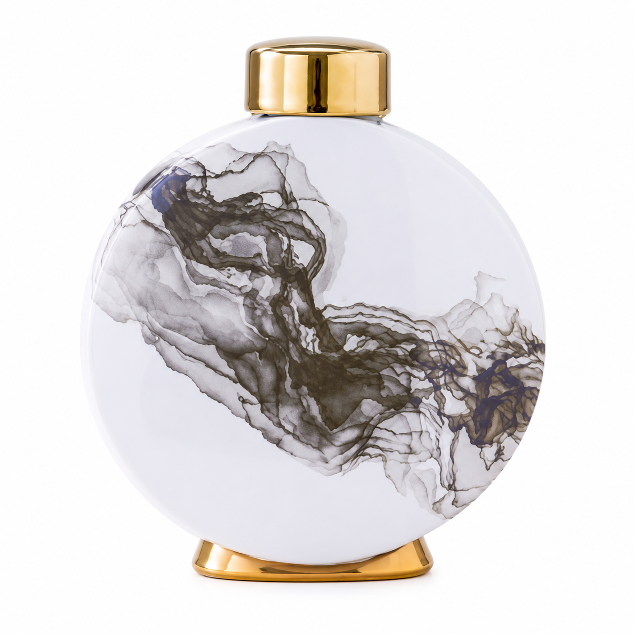 Round ceramic vase with gold accents and abstract Ink Smoke design