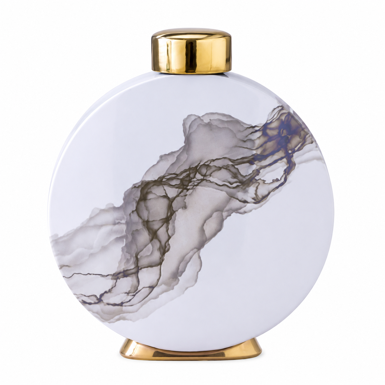 White ceramic disc vase with smoky ink pattern and metallic gold cap