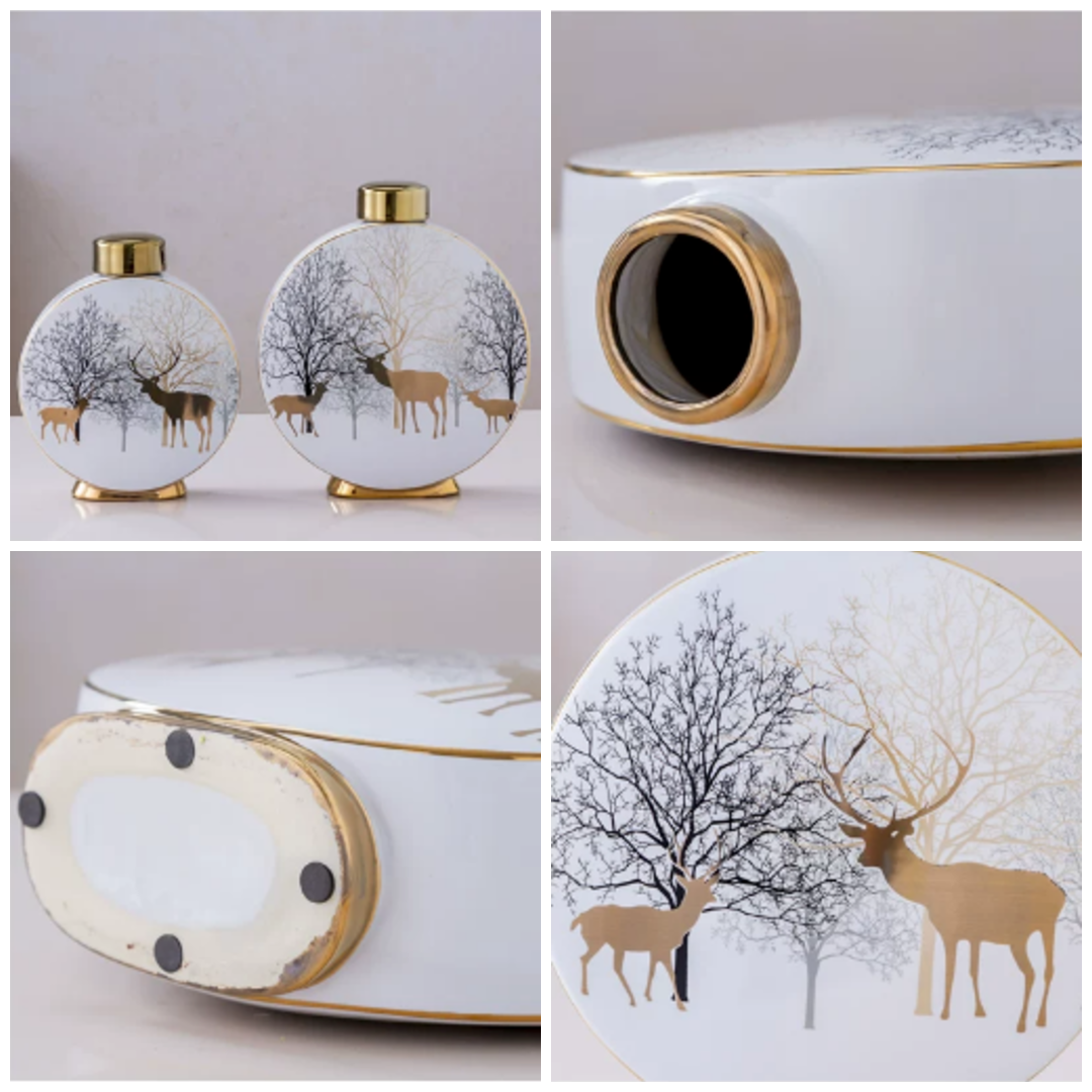 Feature guide showing details of round ceramic decorative vase with gold accents