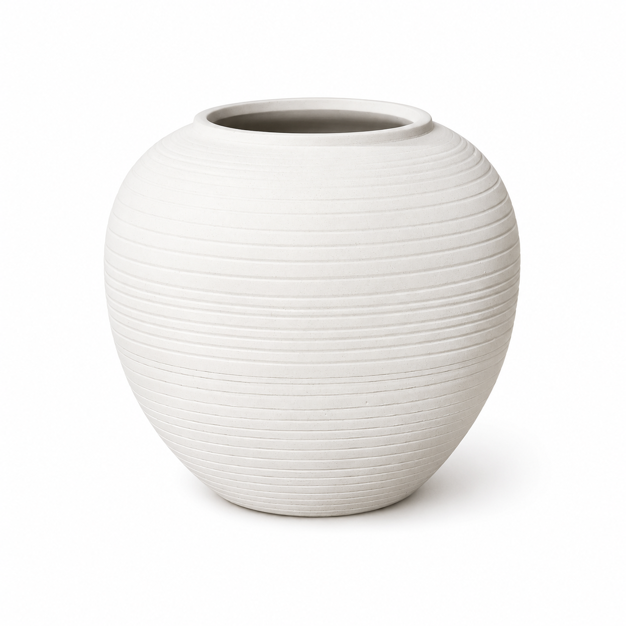 White threaded round ceramic vase on white background