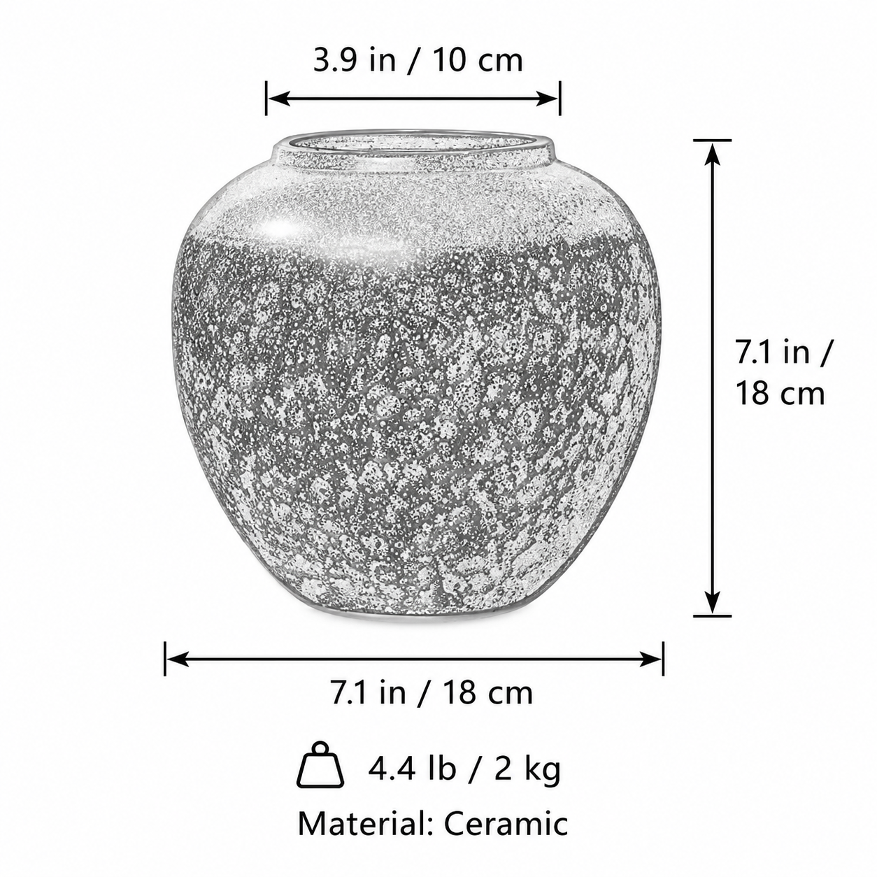 Round ceramic vase measurement chart showing dimensions weight and material