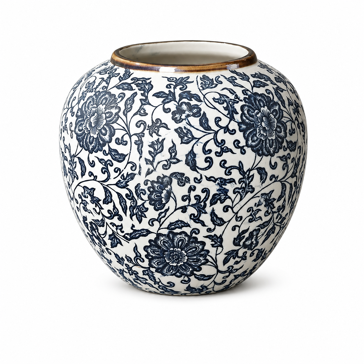 Blue floral round ceramic vase on white background