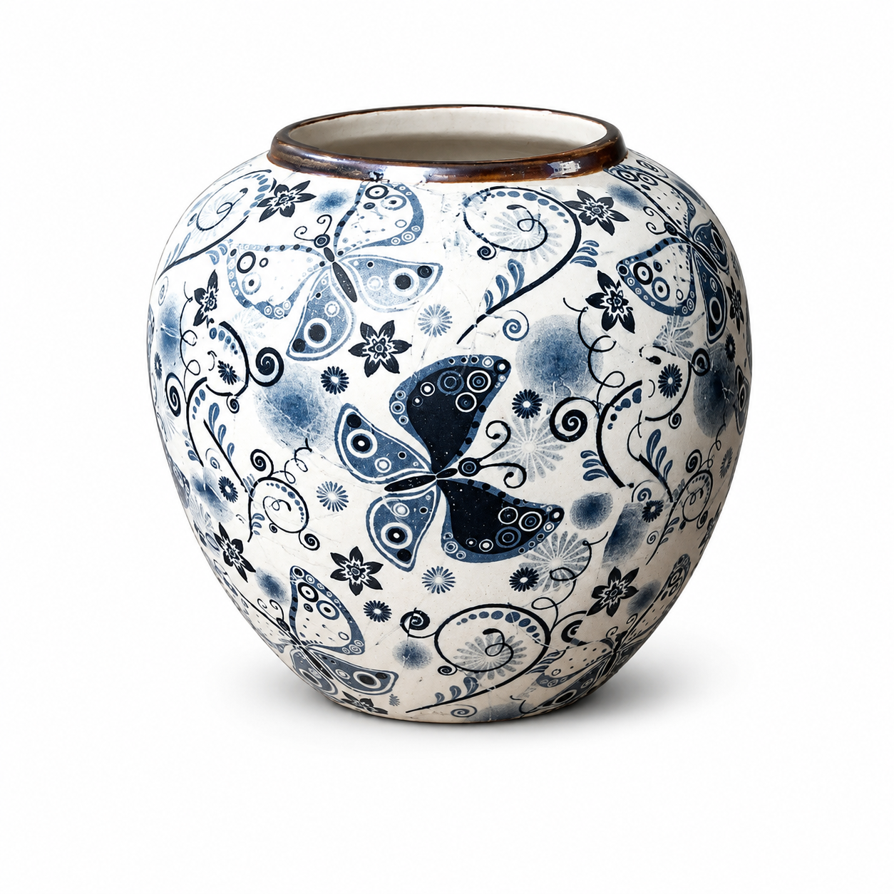White blue butterfly ceramic vase on white background