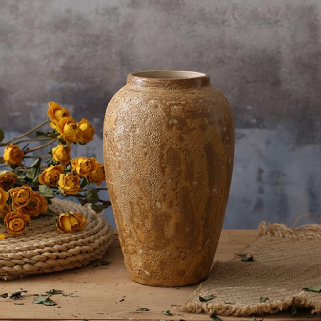 Rustic brown textured ceramic vase on a wooden table with yellow dried flowers