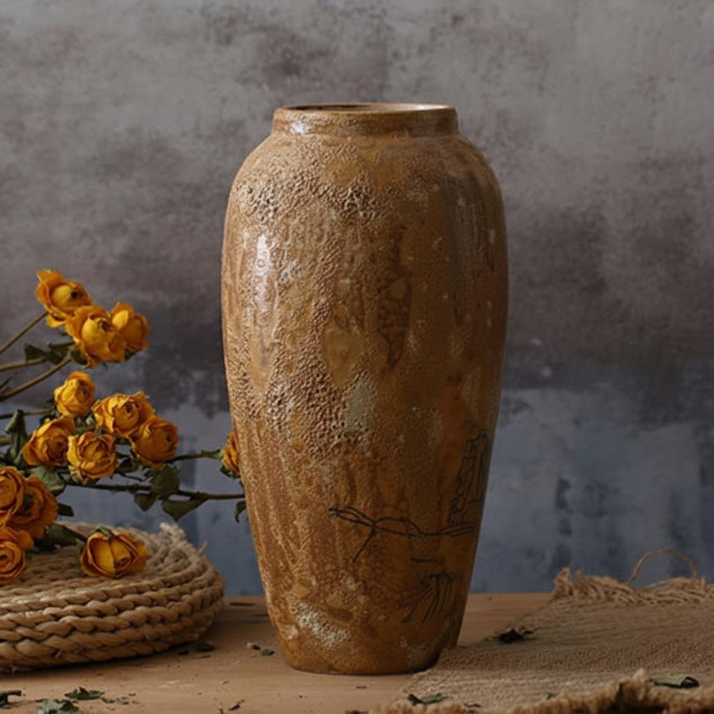 Tall brown textured ceramic decorative vase displayed in a rustic setting