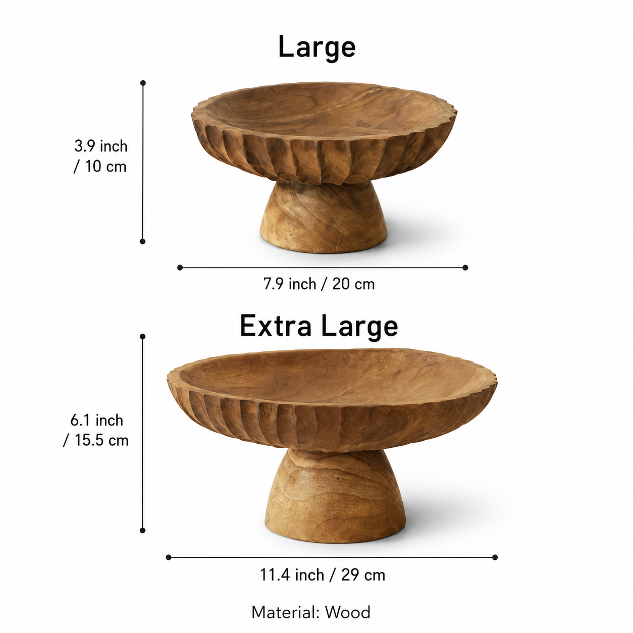 Size guide showing large and extra large carved wood pedestal bowl dimensions