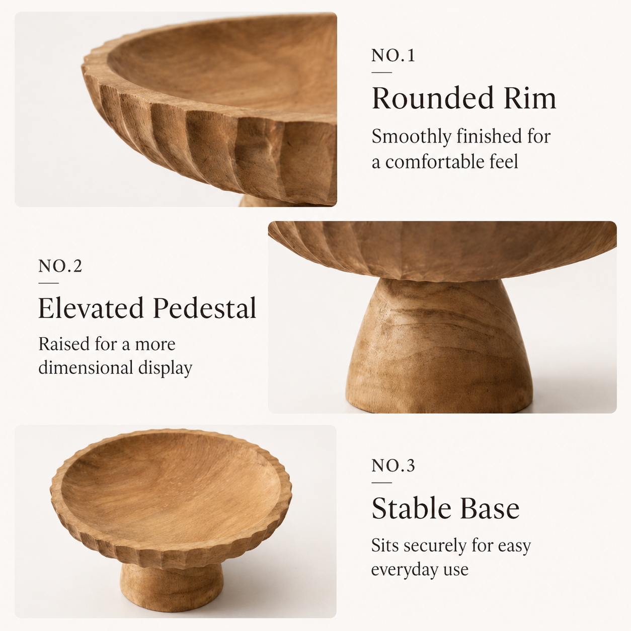 Feature panel highlighting the rounded rim, elevated pedestal base, and stable bottom of the wood bowl