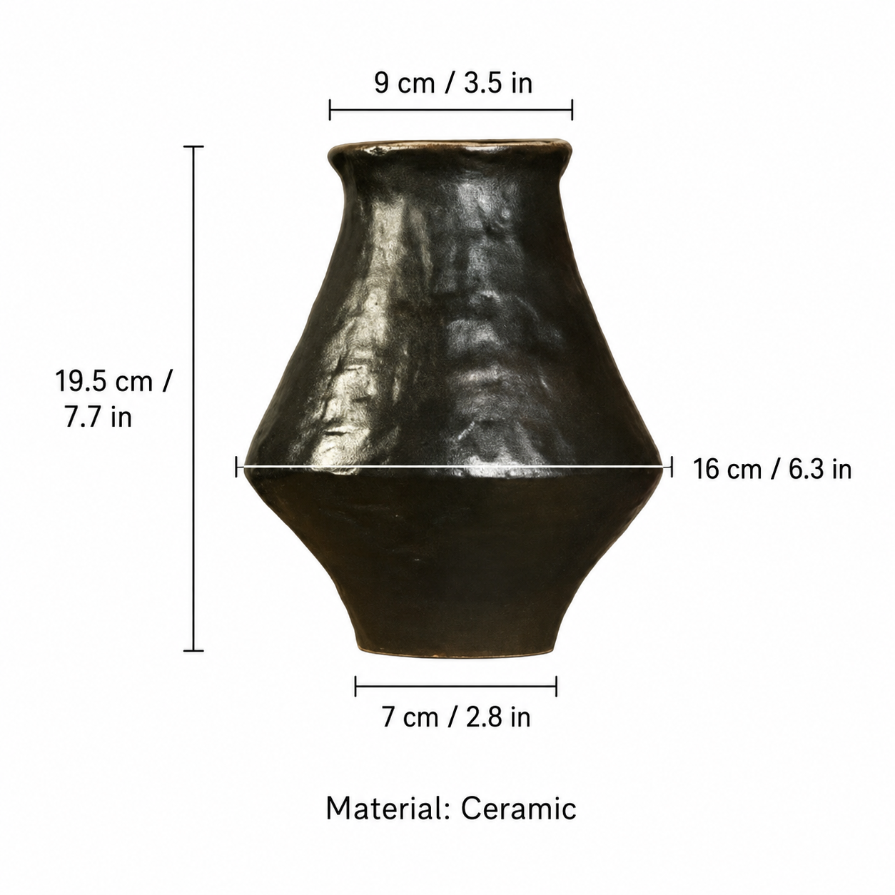 Rustic ceramic flower vase size chart showing measurements in inches and centimeters